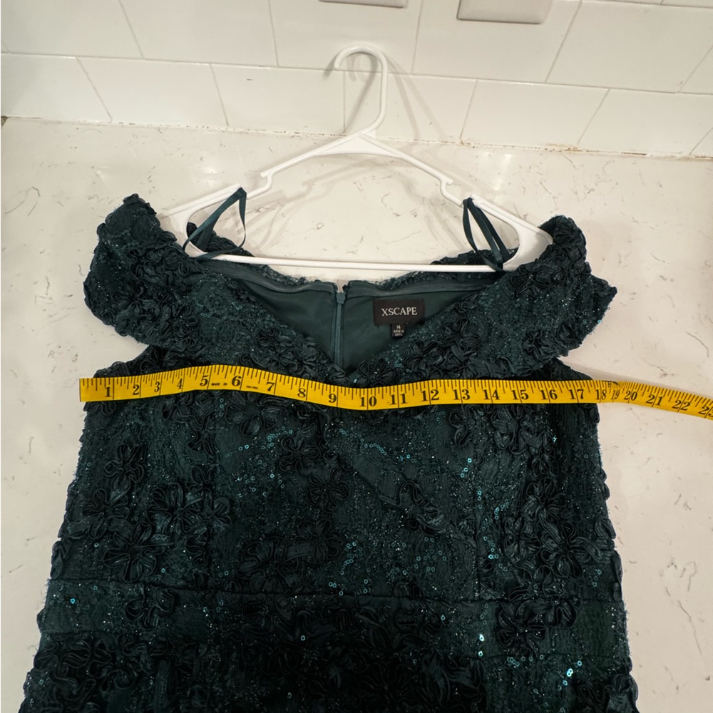 Xscape Dark Green Off-Shoulder Sequin Lace Maxi Dress - Picture 8 of 10